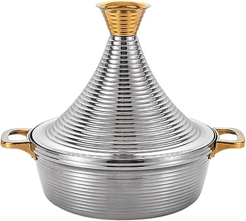 Vinbcorw Moroccan Tagine,304 Stainless Steel,Non Stick Moroccan Casserole with 2 Handles,Large Moroccan Cooker Handmade Tagine Pot with Cone-Shaped Lid,Silver,32cm