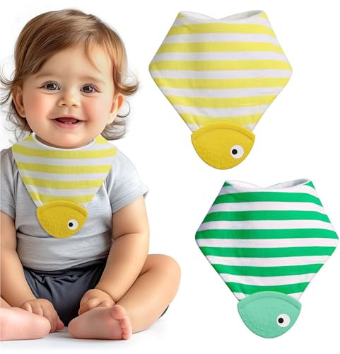Navaris 2er Set Dreieckstuch Baby - Mit Beißring - Baby Lätzchen - Halstuch Baby - Halstücher Baby - Sabberlätzchen Baby - Baby Halstuch - Babylätzchen - Gelb und grün