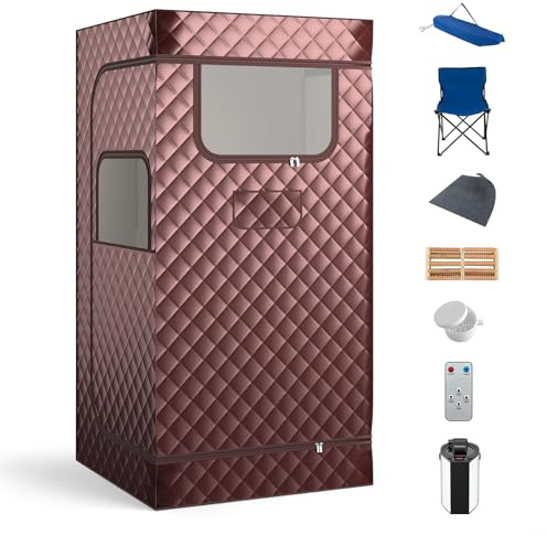 RELAX4LIFE Portable Steam Sauna, Folding Personal Full Body Home Sauna Tent with 3L Steam Generator, Remote Control & Foldable Chair, Pop-up Sauna Cabin Sauna Pod for Slimming Detox Therapy (Coffee)