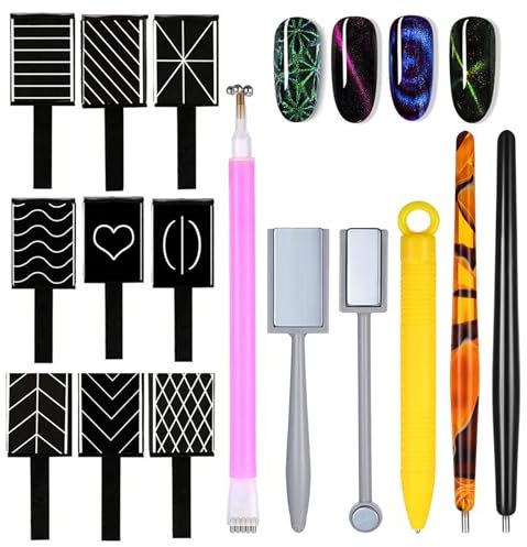 15Pcs Cat Eye Magnetic Nail Polish Kit,Nail Magnets Cateye for Nails Art, Double-Head Nail Magnetic Cat Eye Gel Nail Polish Magnet Wand Strong Suction Board Nail Manicure Tool Set for Nail DIY Salons.