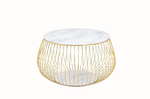 Dynamic24 Couchtisch Ø72cm Metallkorb Beistelltisch Sofatisch Wohnzimmertisch weiß Gold