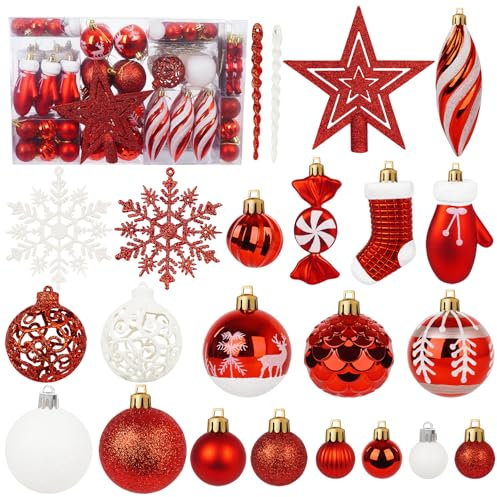 Miaikoe 135 Pcs Weihnachtskugel Ornamente Set, bruchsichere Kunststoff Verschiedene vorgebundene Weihnachtskugeln für Weihnachtsbaum Hängende Dekorationen Festival Party Feiertag Dekor (rot)