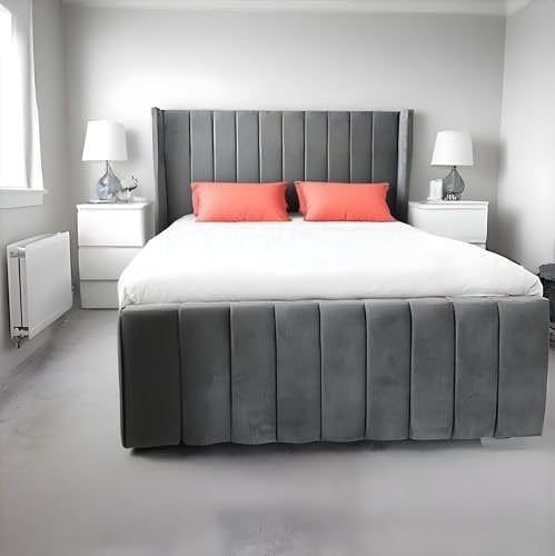 Plush Velvet Wingback Ottoman Bed with 48 High Vertical Liner Headboard & 20 Footboard - Gas Lift Storage Platform, Luxury Upholstered Bed Frame for Bedroom No Mattress (4FT6_Double)