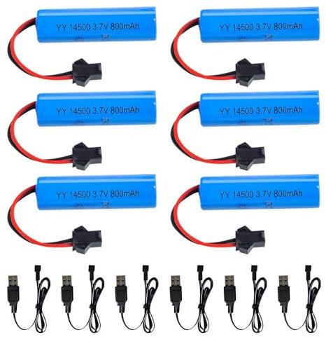 Vmxlso 6 Pièces Batterie 14500, 800mAh Batterie 14500 3.7v avec Chargeurs USB SM-2P Plug, Batterie 14500 Rechargeable pour Voitures RC, Chars, Buggies, Bateaux, Compatible avec E35 DE38 DE40