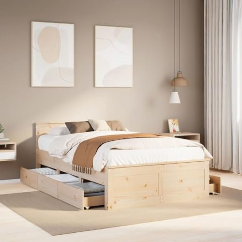 vidaXL Double Bed Frame - Pine Wood - 135x190 cm - Storage Drawers - Slatted Base