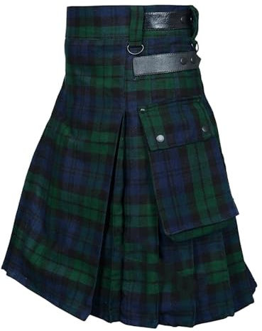BaronHong Tartan Utility Kilts für Herren, Tartan Kilt mit Riemen und großen Cargotaschen (grün (Leder), L)