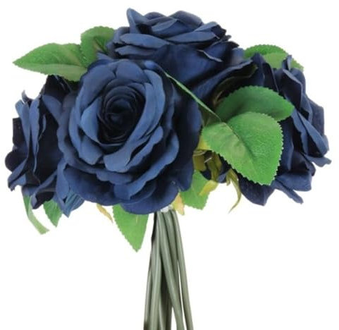 The Baked Studio - Large Hand Tied Silk Tea Rose 6-Piece Bouquet For Cake Decorating, Home Décor, Weddings, Bridesmade Bouquets and Crafts (Navy)