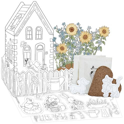 Papierdrachen DIY-Anzuchtset Frühlingsgarten – zum Bemalen – Sonnenblumen & Vergissmeinnicht – nachhaltiges Geschenk – Gartenhaus mit Cutouts & torffreier Anzuchterde