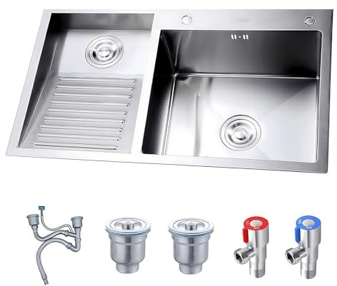 Fregadero De Lavandería Sus, Fregadero Grande con Tabla De Fregar Integrada, Pileta De Lavado De Doble Cubeta, con Kits De Drenaje, para Lavadero, Balcón, Sótano(Silver-A,80x48x22cm)