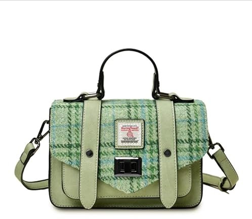 Islander Harris Tweed Mini Satchel, Handtasche für Damen, Klappe und Mikrofaser-Leder, Mintkariert