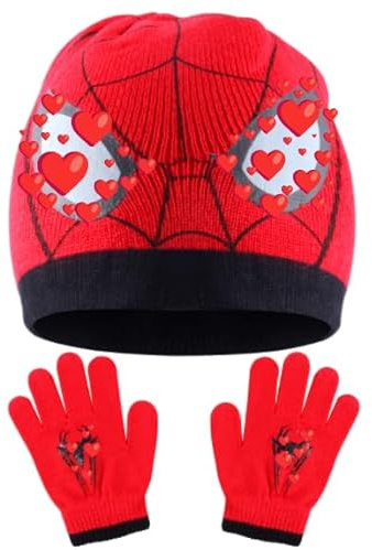 Forninc Spiderma Handschuhe Mütze Set, Warme Wintermütze Für Kinder, Beanie, Mütze Winter für Jungen Mädchen, Handschuhe, Rote Wintermütze für Kinder, 2-Teiliges Set