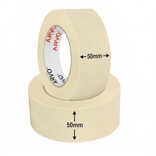 ARVO Masking Tape for Painting – 50 mm x 50 m Decorators Painters Tape | Medium-High Adhesion, Crepe Paper for Walls, Trim & Multi-Surface Indoor Decorating – Pack of 2