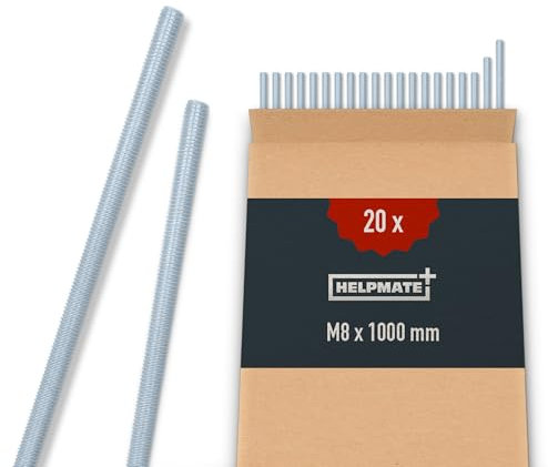 HELPMATE Tige filetée M8 x 1000 mm en acier galvanisé - Lot de 20 tiges filetées métriques entièrement filetées - Vis sans tête classe de résistance 4.8, DIN 976