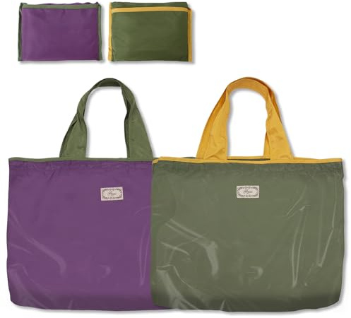 Long Keeper 2 Pcs Foldable Shopping Bag Drawstring Reusable Grocery Bags Large Washable Portable Folding Tote Bag in Pouch for Daily Shopping Travel Household (2, Purple+Army Green)