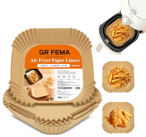 GRIFEMA Papel Freidora Aire 100 Piezas, Papel para Freidora de Aire Cuadrado sin BPA, 16-20cm, sin Blanquear, Antigrasa, 2 a 4 Litros, Air Fryer Papel para Ninja Tefal Air Fryer