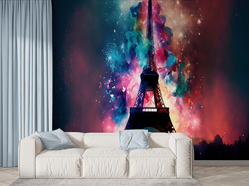 Boceoey Papier Peint Panoramique Paris Tour Eiffel 3D - Motif Tie-Dye Ville - Décoration Murale pour Salon & Chambre, Intissé Autocollant Papier Mural, 450x315 cm S-687