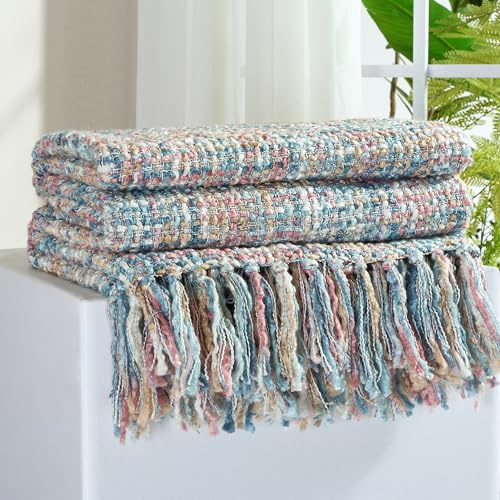 GINAMUSE Multi-Color Cable Woven Throw Blanket for Couch - 60X80 | Multicolored Boho Style,Super Soft Warm Cozy Chunky Blankets with Decorative Tassels for Bed and Sofa,Pink Blue