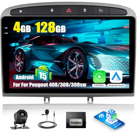 Android15, 4G+128G GOHHDL Autoradio pour Peugeot 308 308SW 408 2007-2015 avec Wireless Carplay Android Auto, 9 Pouces Poste Radio Voiture 2Din avec GPS Navi WiFi Bluetooth FM/RDS EQ SWC Caméra