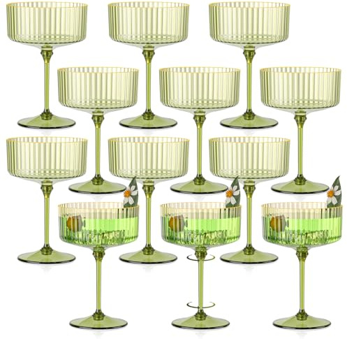 12 PCS Gold Rim Plastic Champagne Coupe Cup Sage Green Ribbed Coupe Glasses 10oz Detachable Espresso Martini Glass Vintage Margarita Glassware Cocktail Glass Set for Baby Shower Christmas Wedding