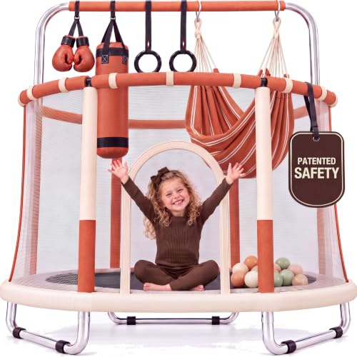 Happin® 55’’ Trampoline for Kids with Safety Enclosure, Indoor & Outdoor Toddler Trampoline, Ultra Safe Design with Multi Activity Accessories, Perfect for Boys & Girls Ages 1–8