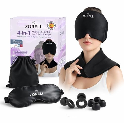 Gorro Migraña Frío/Calor 360° con Gel Extra Grueso y Antifaz | Set Antimigraña Reutilizable para Alivio de Migraña, Cefalea y Dolor de Cabeza, con tapones oido (Set 4 en 1)
