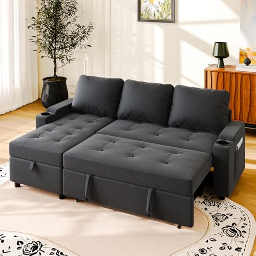 JUMMICO Convertible Corner Sofa Bed with Storage 3 Seater Pull Out Sleeper Sofa L-Shaped Sectional Small Couch for Living Room and Bedroom, Gray
