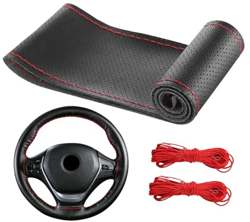 Echtes Leder Lenkradbezug zum Aufnähen, Universaler Lenkradbezug aus atmungsaktivem Kunstleder, handgenähtes DIY Lenkradcover in Schwarz mit Roter Naht für 38cm Lenkräder