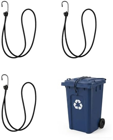 3 Pack Wheelie Bin Lock Bungee Straps,Adjustable Heavy Duty Black Rubber Cords with Metal Hooks,Lid Latch Securing Clips for Garbage Can UK,No Drilling Expandable Band Holder for Van Car Luggage Strap