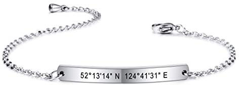 MeMeDIY Bracciale Nome/Data/Coordinate Personalizzate Dell'incisione per le Donne Ragazza Fidanzata Migliori Amici in Acciaio Inossidabile Regalo Damigella D'onore (Argento)