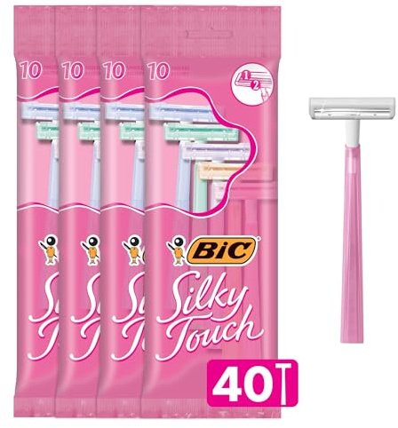 BIC Silky Touch Women's Disposable Razors, With 2 Blades, Pretty Pastel Razor Handles, 40 Count Value Pack of Shaving Razors