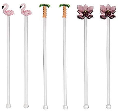Beachcombers Flamingo Palm Tree Lotus Flower Set Of 6 Reusable Glass Drink Stirs Tropical Cocktail Bar Beach Party Swizzle Sticks Pink