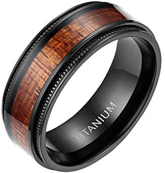 Mabohity Ring Herren Titan-Ring Titanium 8mm Holz Echtholz Intarsie & Milgrain Rand Ehering Verlobungsring Freundschaftsring Hochzeit Band, Schwarz, Größe 52