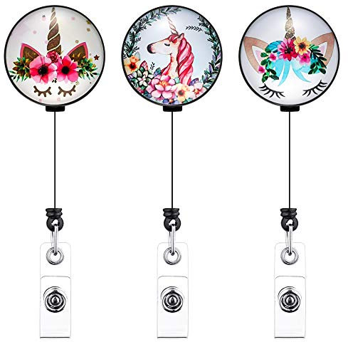 Artscope 3 Stk Schlüssel JoJo Ausziehbar Ausweis JoJo Glas Schlüsselanhänger für Krankenschwester Student, ID Name Badge Holder mit Gürtelclip für Kartenhalter Ausweishüllen (Buntes Einhorn)