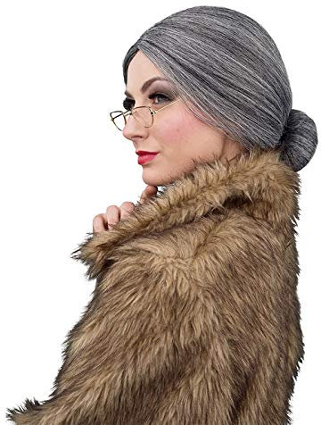 WOOOOZY Perücke Oma Dutt, dunkelgrau, mit Brille