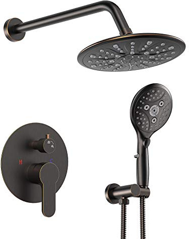 SunCleanse Système de douche en bronze huilé, ensemble de robinets de douche complets avec pommeau de douche à effet pluie et pulvérisateur de douche à 7 réglages, valve rugueuse incluse et kit de