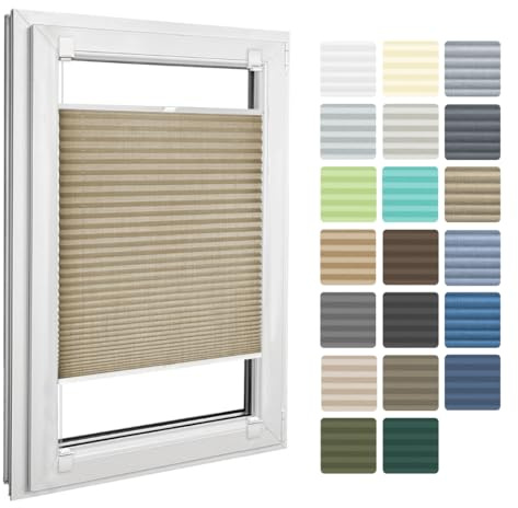 Home-Vision Plissee Faltrollo zum Kleben Melange Beige B85cm x H120cm | Leinenoptik Blickdicht Sonnenschutz Jalousie für Fenster & Tür