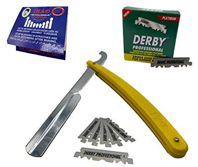 Hairtown Rasiermesser-Set | Sedef Ustura Bartschneider | 100 Derby Rasierklingen| 20 IHA Alaun Blutstiller Zündholzform | Wechselklingenmesser mit ersatz klingen Herren | Blutstillstift | (Gelb)