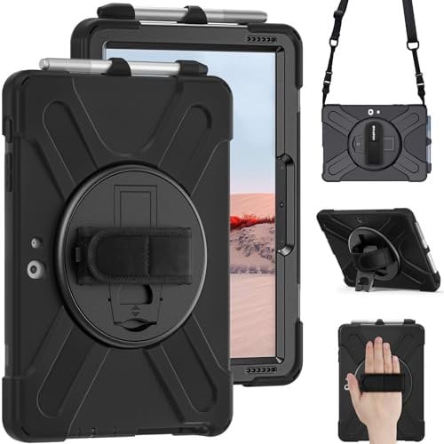 Protective Case for Microsoft Surface, Surface Go, Surface Go 2, Shockproof, Heavy-Duty Case with Kickstand and Shoulder Strap, 360 Degree Rotation (Black)