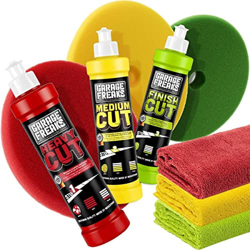 Garage Freaks Autopolitur Set: Heavy, Medium und Finish Cut Politur (250ml) + 3 Foam Pads + 3 Mikrofasertücher (40x40cm, 550GSM)