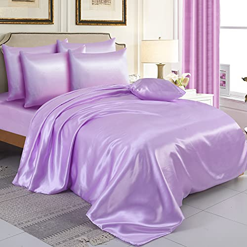 ZIMEL HOMES 4-Piece Satin Bedding Set – Soft, Silky & Shiny Bed Sheets – Includes Duvet Cover, Fitted Sheet & 2 Pillowcases (Lilac, Single)