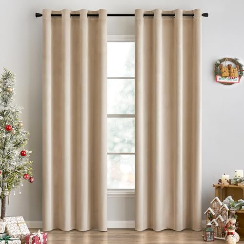 EMEMA 2 Stück Verdunklungsvorhang Samtvorhänge Blickdicht Vorhang mit Ösen Thermogardine Ösenvorhang Verdunkelungsgardinen für Schlafzimmer Wohnzimmer, 140 x 260 cm(B x H) Taupe