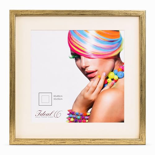 IDEAL TREND 3D Objektrahmen Bilderrahmen mit Passepartout & gehärtetem Glas Holz MDF Rahmen Foto Poster: Farbe: Gold-Antik | Format: 40x40