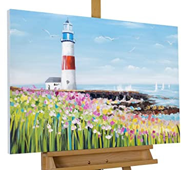 KunstLoft Leinwandbild | 100% HANDGEMALT | 90x60cm | Gemälde 'Maritime Sehnsucht' | Leuchtturm | Blau Grün | Wandbild Wohnzimmer