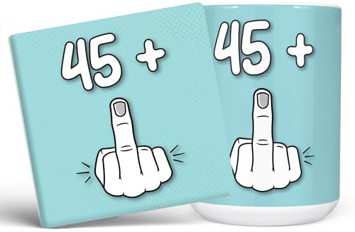 Mug Monster - 46th Birthday Mug, I Am 45 + 1, Gift for 46 Year Old, Novelty Cup - Ceramic Coffee Beaker/Cup, Gift for Men or Women, Extra Large and Giant Available, 15oz White & Coaster