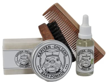 Kapitän Ohlsens Bartpflege Set Kaphorn- Bartöl + Bartpomade + Bartseife + Bartbürste +Bartkamm - handgemacht