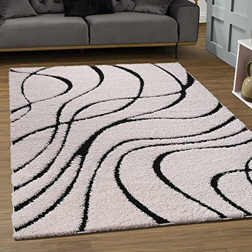SANAT Wohnzimmer Teppich - Luxus Shaggy Nicht-schuppend Teppich, Wohnzimmer Schlafzimmer Esszimmer Eingangsbereich Teppiche, Schwarz Creme 80 x 150 cm