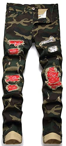 OIIIO Men's Patch Ripped Stretch Regular Fit Jean, 6617-camouflage, 34
