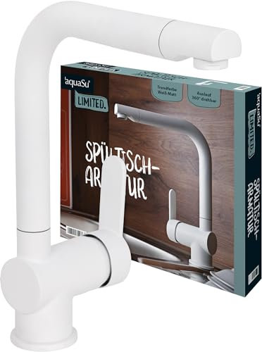 'aquaSu® Limited Küchenarmatur Spüle, Kosten-sparende Kaltwassermittelstellung, Spültischarmatur Auslauf drehbar, Wasserhahn Küche, Keramikkartusche, Hochdruck, Messing, matt-weiß, 870283
