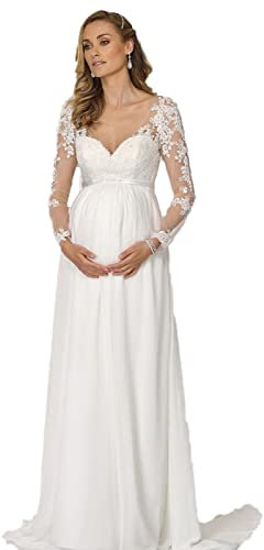 AUTTOGirl Plage Enceinte Robe de mariée Mousseline de soie Col V Robes de mariée Riche Manches longues Robes de mariée de maternité, ecru, 40