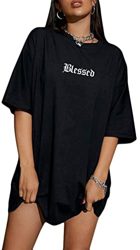 Tomwell Damen Langes T-Shirt mit Buchstaben Grafik Kurzarm Sport Oberteile Sommer Oversize Tshirt Rundhals Casual Longshirt E Schwarz S